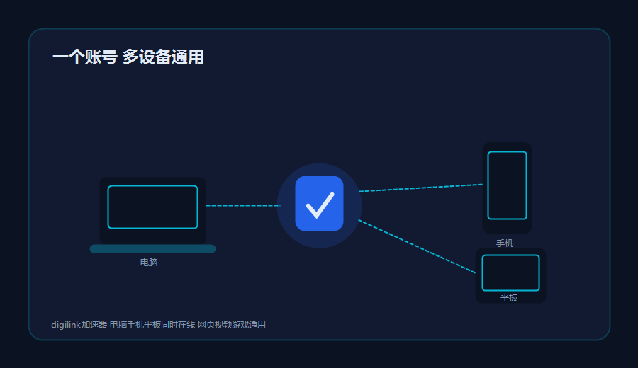 digilink加速器多设备示意，电脑手机平板同时连到中心加密节点